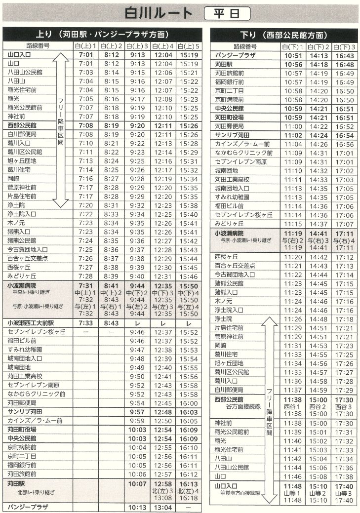 白川ルート 平日 時刻表